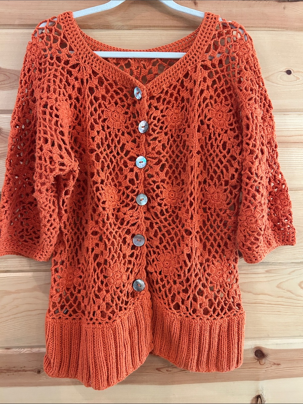 Vintage RICO Openwork Cotton Crochet Cardigan Sweater in Vibrant Orange, Size L